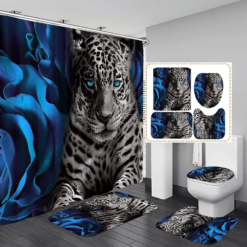 4PCS Blue Rose and Leopard Shower Curtain Set with Non-Slip Rugs, Toilet Lid Cover and Bath Mat, Animal Shower Curtain with 12 Hooks, Durable Waterproof Bathroom Decor Set