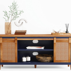 Arvid Solid Wood TV Console, Legs Assembly Only, with Rattan Sliding Doors, Modern Farmhouse Television Stand for Living Room, Bedroom, 70 Inches-60 in (L), Navy & Caramel