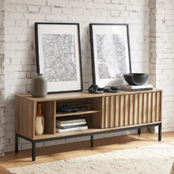 Norwin 64" TV Stand for Televisions up to 70", Modern Industrial Farmhouse Entertainment Center, TV Console, with Storage Shelves, Sturdy Metal Legs, Sliding Door, & Leveler for Living Room, Oak