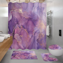 4 Pcs Purple Marble Shower Curtain Set with Non-Slip Rugs, Toilet Lid Cover and Bath Mat, Lavender Bathroom Decor Set with Shower Curtain and Rugs and Accessories