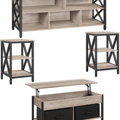 4 Pieces Living Room Table Sets - Includes TV Stand with 5 Storage Compartments for 65 in TV, Lift-Top Coffee Table with Hidden Storage Space and Baskets, 2 Set End Side Table for Home, Gray