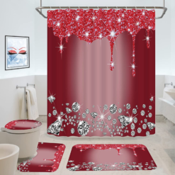 4 Pcs Glitter Diamond Shower Curtain Sets, Burgundy Shiny Drips Bath Decor with Rugs and Toilet Lid Cover, Wine Red Luxury Texture Colorful Bling Modern Bathroom Curtain with 12 Hooks, 72 X 72 Inchs