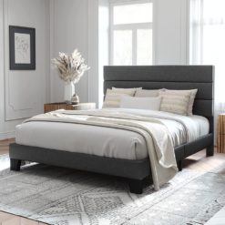 Platform Bed Frame Queen Size with Fabric Dark Grey