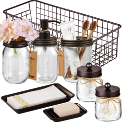 Mason Jar Bathroom Accessories Set (8 PCS) - Lotion Soap Dispenser,Toothbrush Holder,2 Apothecary Jars, Flower Vase,Soap Dish,Vanity Tray,Toilet Paper Holder Storage Bin,Farmhouse Decor (Bronze)