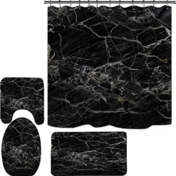 Black Marble Shower Curtain with Bath Rugs Sets, 4 Pcs Gray Marble Patterns Bathroom Décor with Toilet Seat Cover, Non-Slip Mats, Absorbent Pedestal Pads and Waterproof Shower Curtains + Hooks (Black)